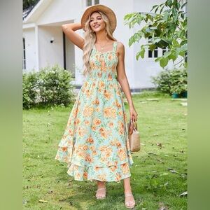 Grace Karin Floral Midi Dress - Mint Green and Orange